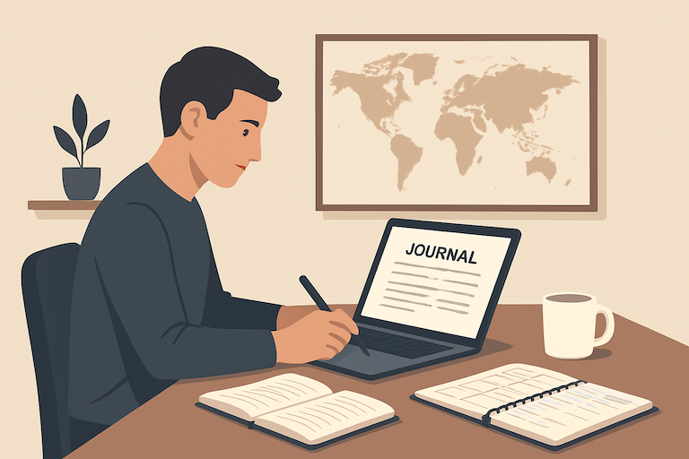 Someone writing their diary on the computer in a relaxed home office