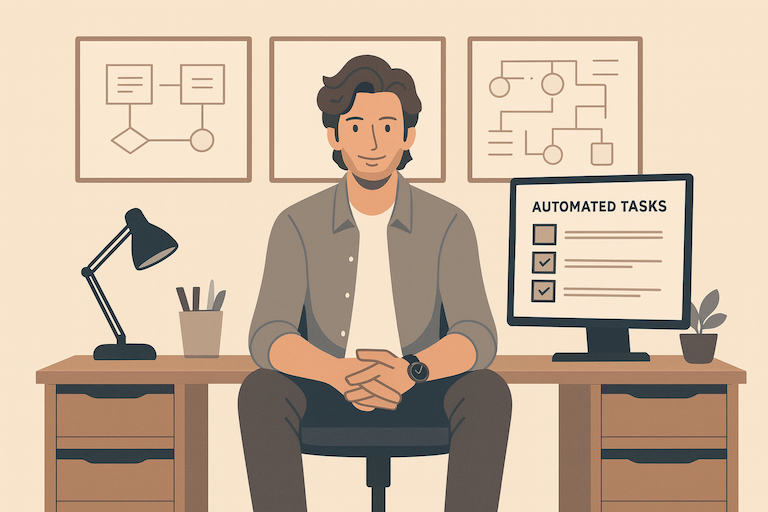 A business professional at their desk, looking confident and relaxed while their computer screen shows automated tasks running smoothly